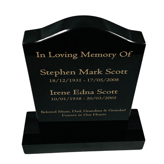 Granite Memorial Ogee Headstone for Two Names, Free Personalised Gold Engraving, Polished Black Granite