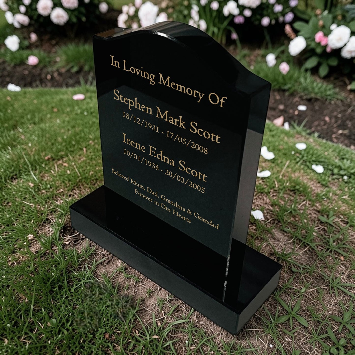 Granite Memorial Ogee Headstone for Two Names, Free Personalised Gold Engraving, Polished Black Granite