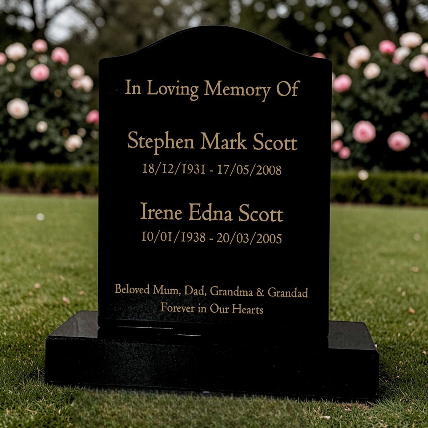 Granite Memorial Ogee Headstone for Two Names, Free Personalised Gold Engraving, Polished Black Granite