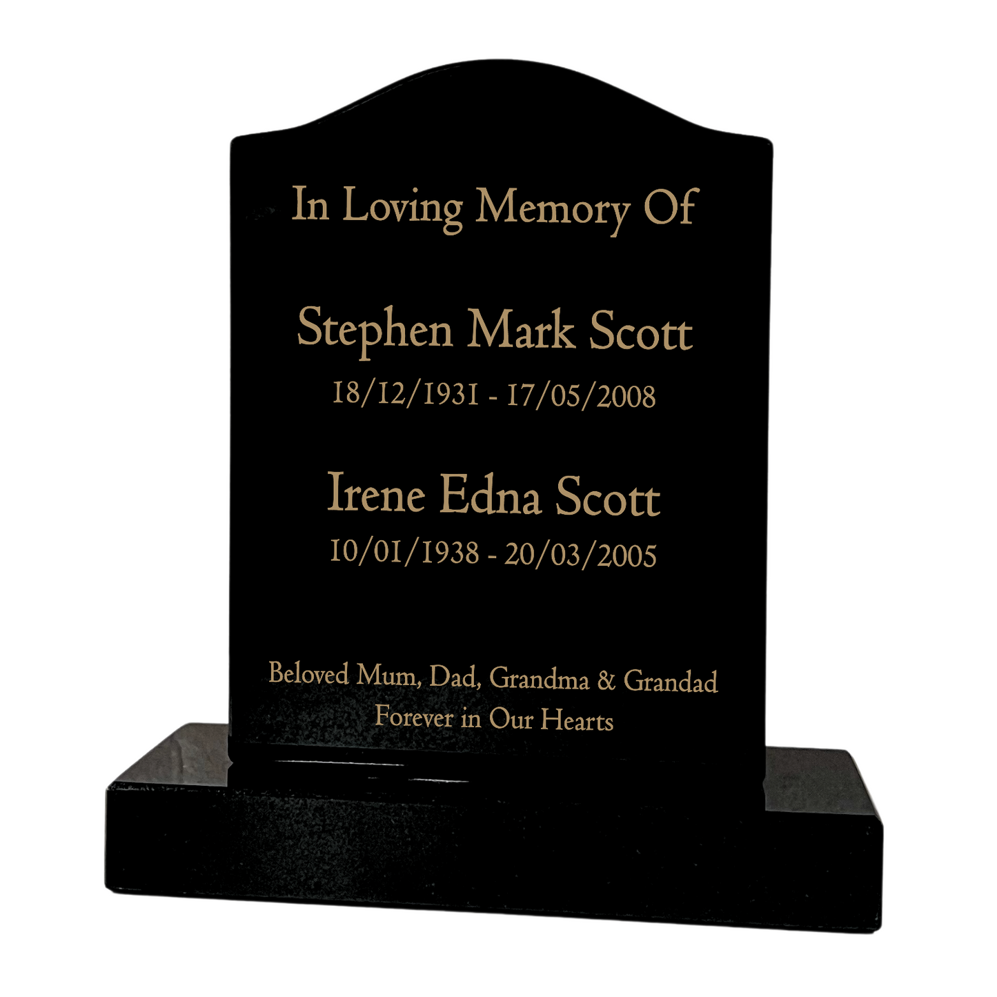 Granite Memorial Ogee Headstone for Two Names, Free Personalised Gold Engraving, Polished Black Granite