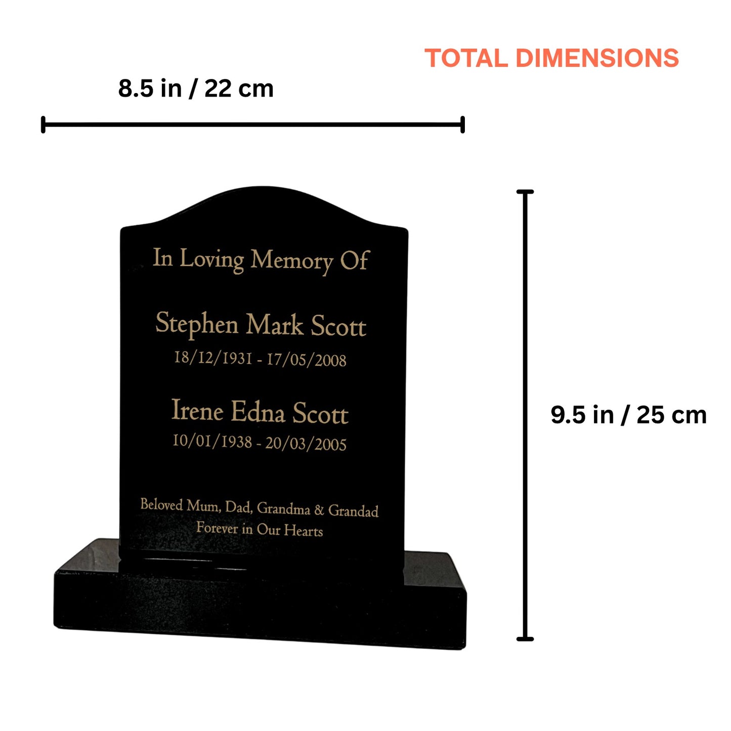 Granite Memorial Ogee Headstone for Two Names, Free Personalised Gold Engraving, Polished Black Granite