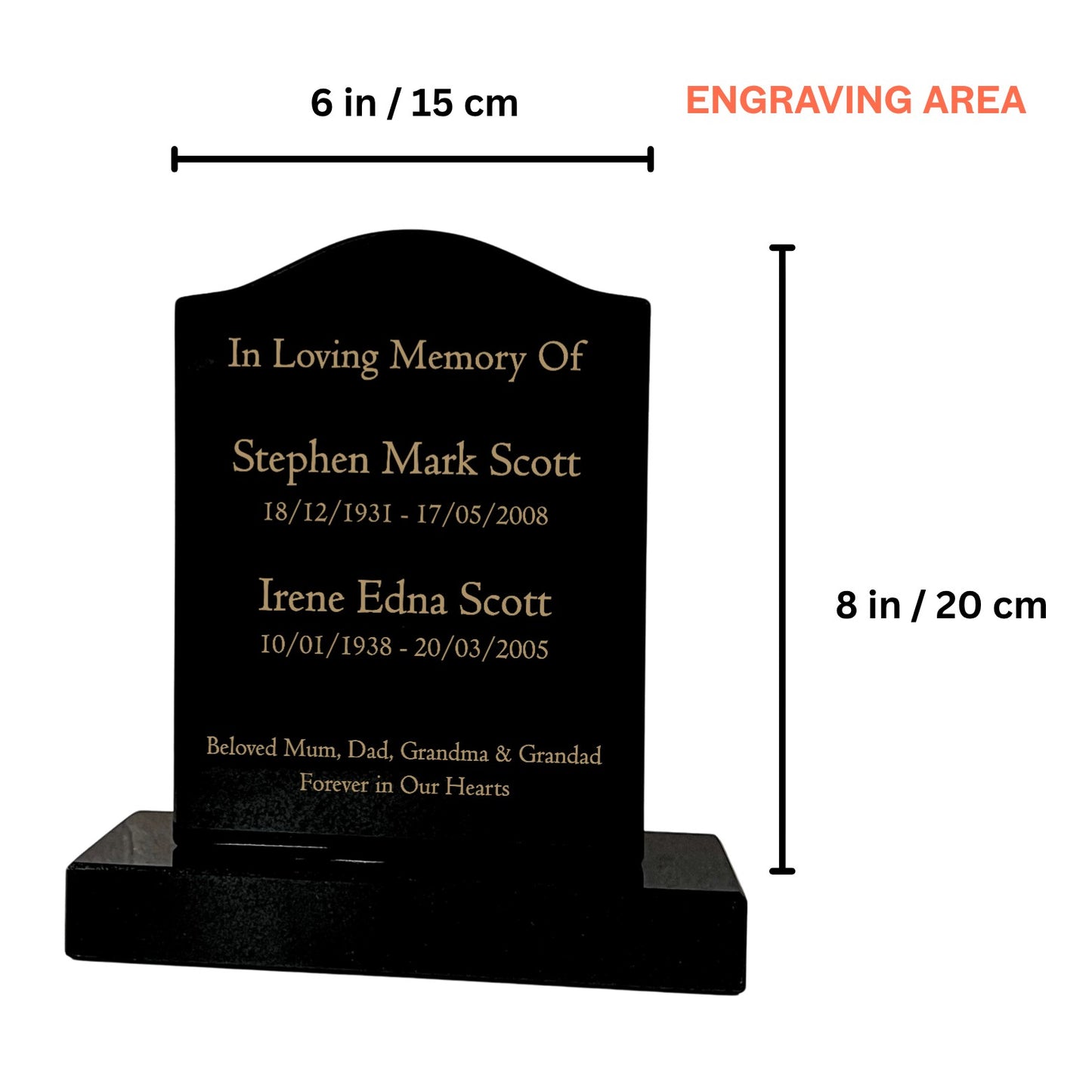 Granite Memorial Ogee Headstone for Two Names, Free Personalised Gold Engraving, Polished Black Granite