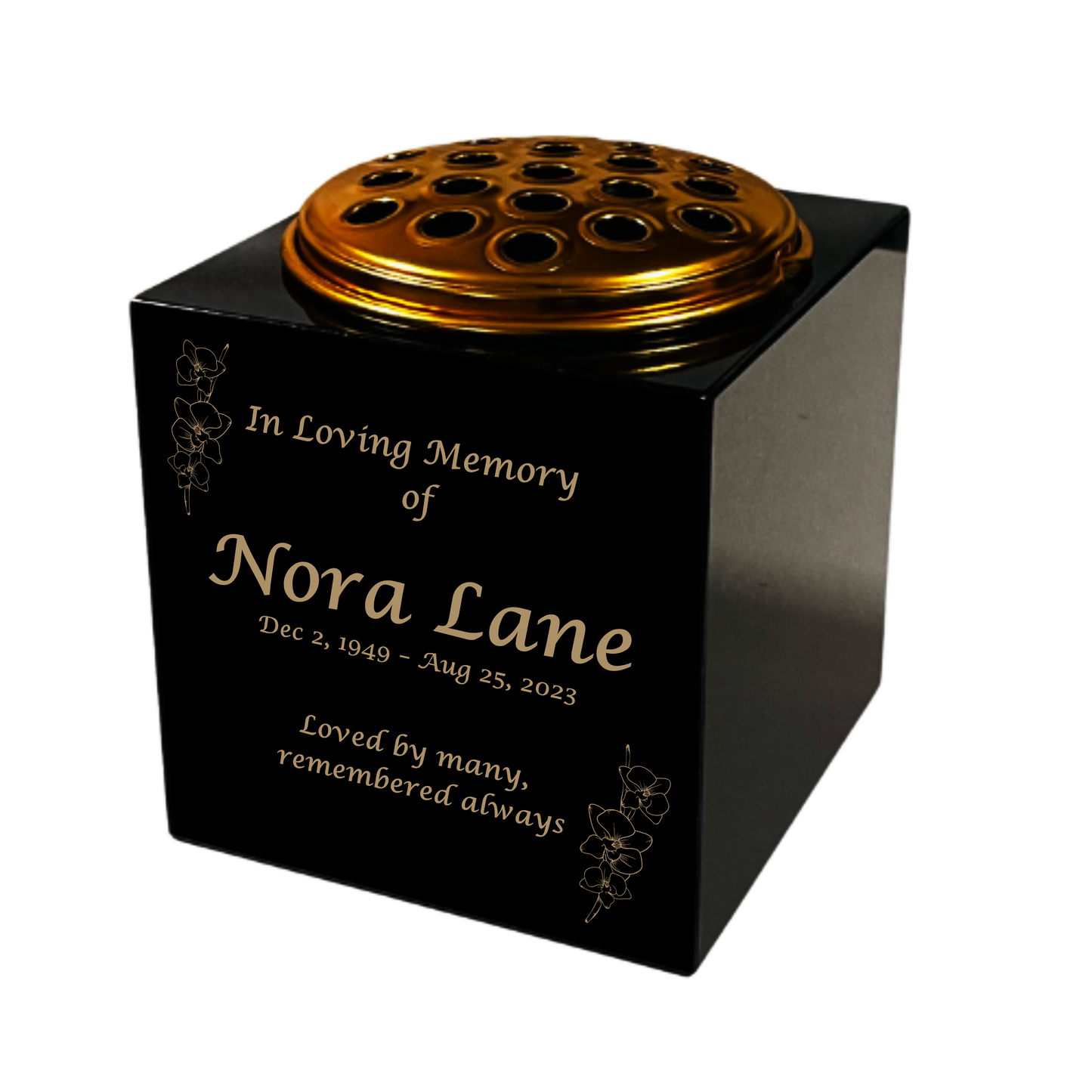 Granite Memorial Vase- Solid Granite – Free Personalized Gold Engraving, Orchid 1 – Includes Metal Flower Pot Insert