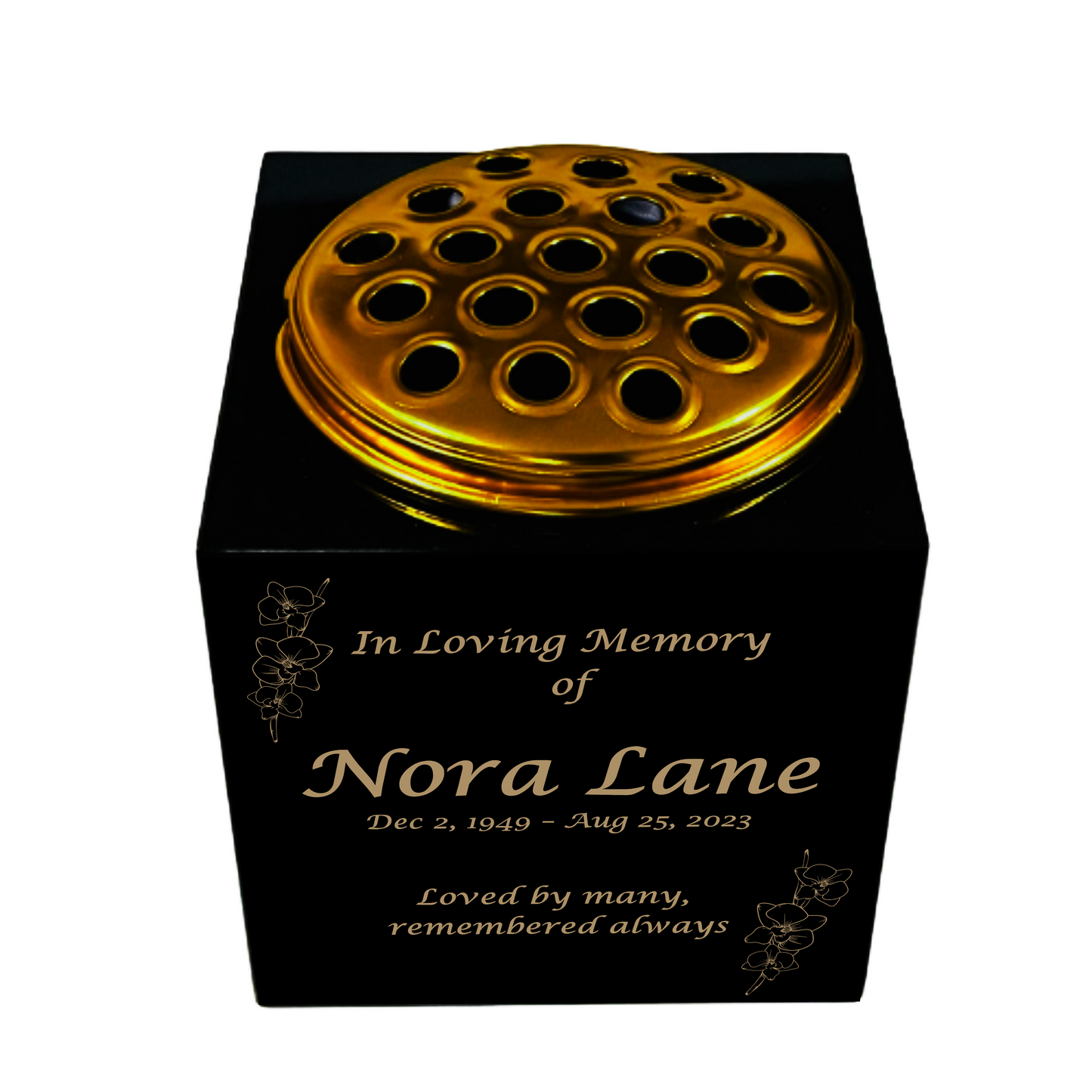 Granite Memorial Vase- Solid Granite – Free Personalized Gold Engraving, Orchid 1 – Includes Metal Flower Pot Insert