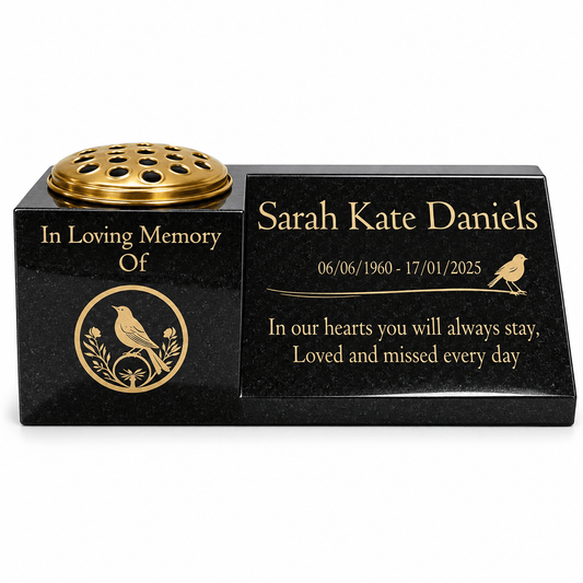 Granite Memorial Vase and Plaque Combination – Robin Design, Solid Granite (16x6x6”) with Flower Pot Insert