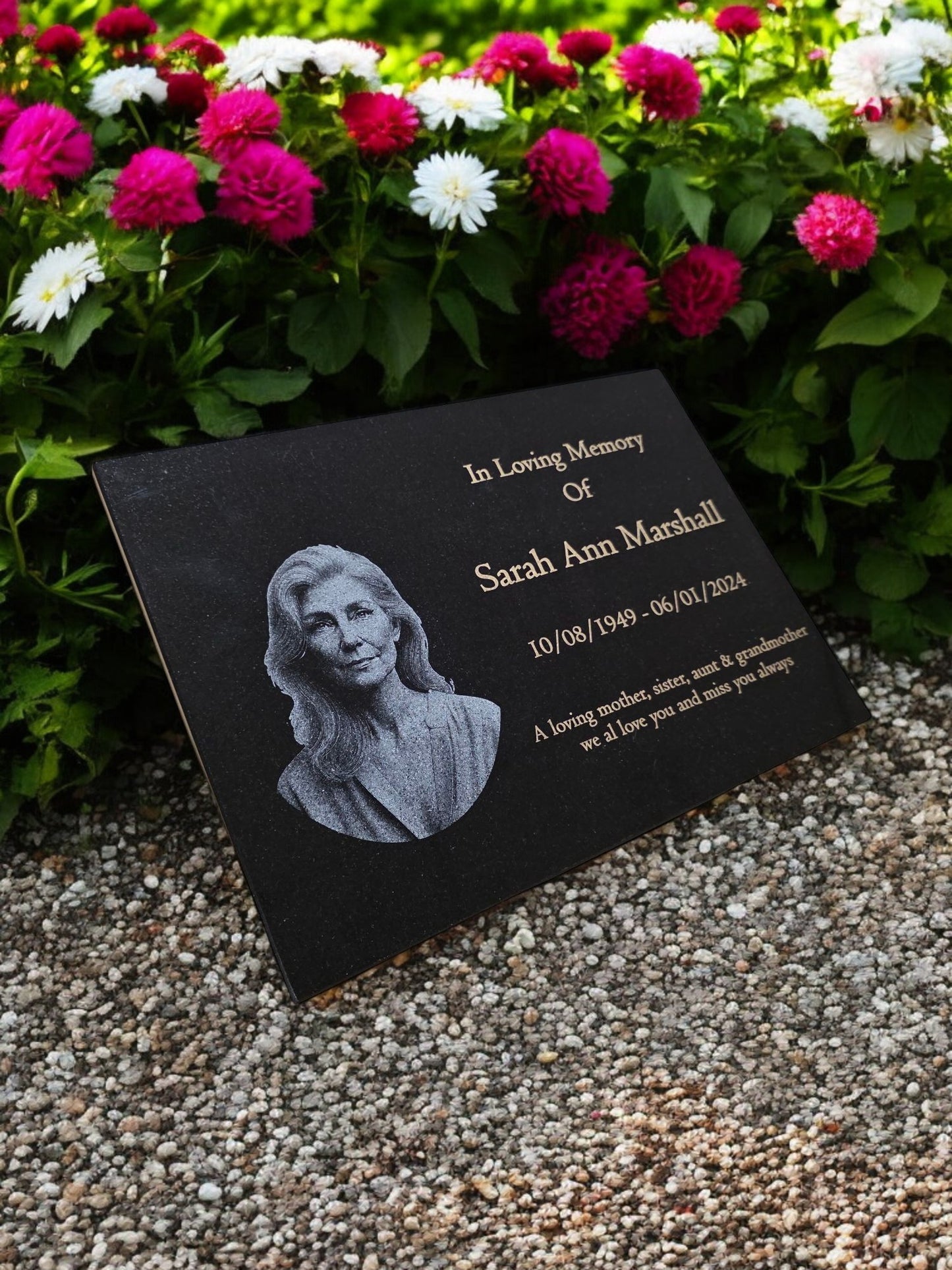 Granite Memorial Plaque, Add a Portrait, Personalised Text and Stand Included