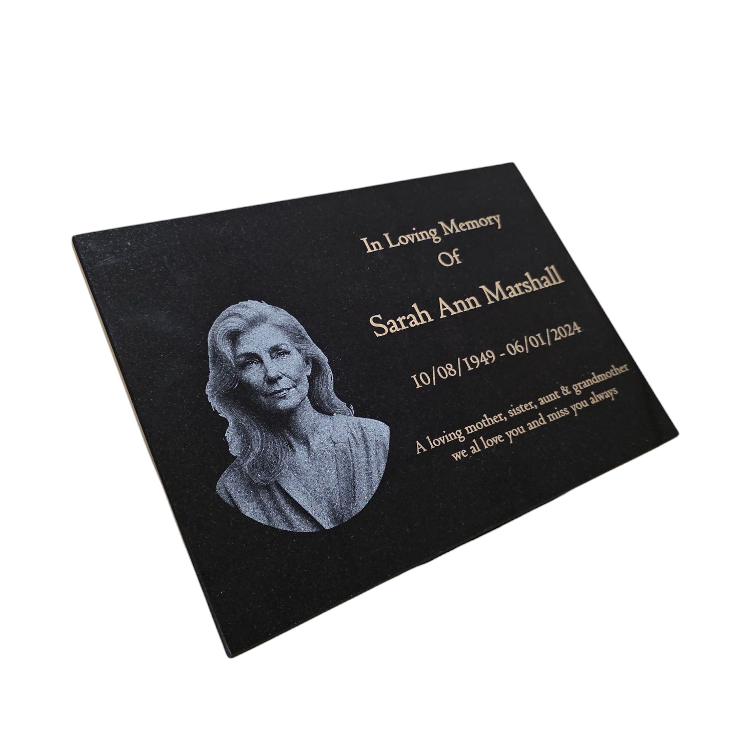 Granite Memorial Plaque, Add a Portrait, Personalised Text and Stand Included