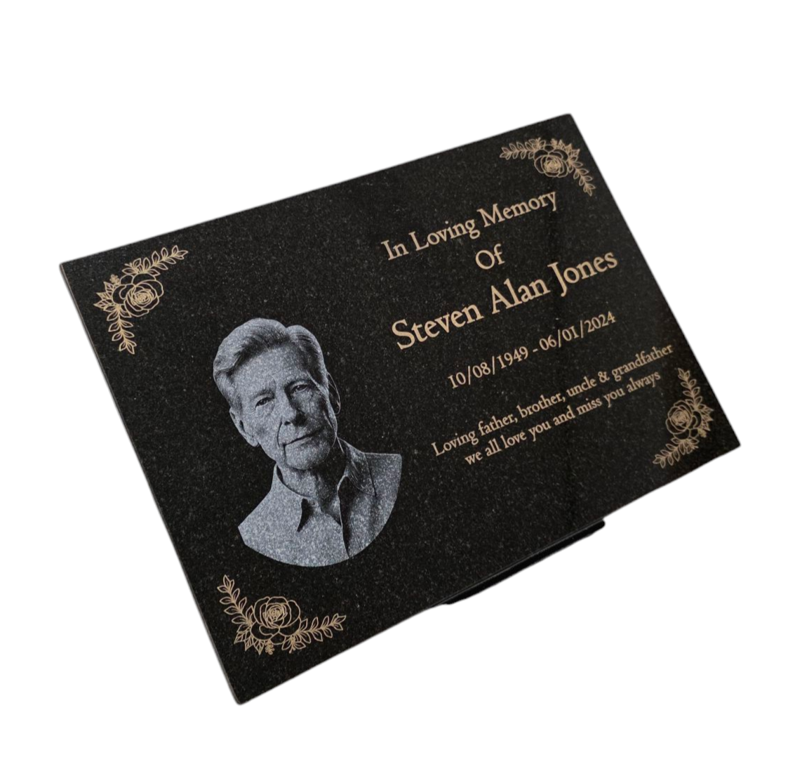 Granite Memorial Plaque, Flowers, Add a Portrait, Personalized Text and Stand Included