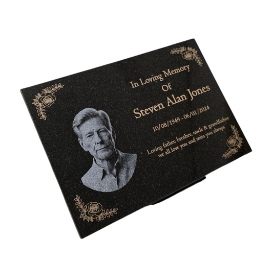 Granite Memorial Plaque, Flowers, Add a Portrait, Personalised Text and Stand Included