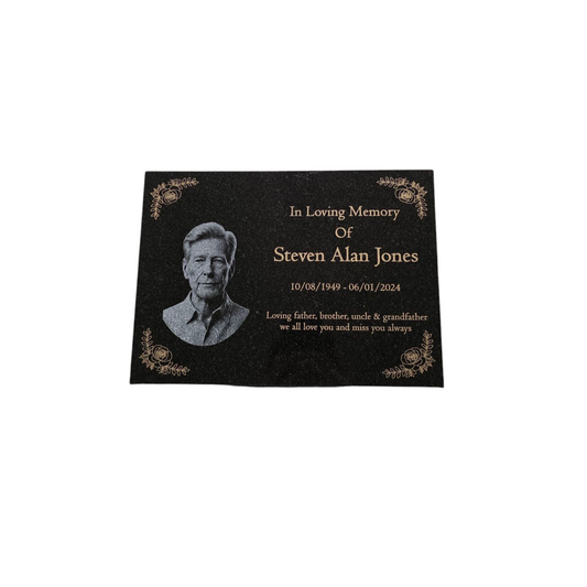 Granite Memorial Plaque, Flowers, Add a Portrait, Personalised Text and Stand Included