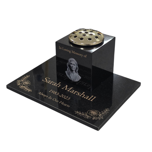 Granite Memorial Vase and Tablet, Solid Granite, Add a Portrait Image, 6x6x6 Inches, 8KG, Includes Flower Pot Insert