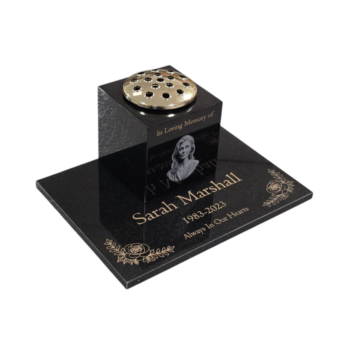 Granite Memorial Vase and Tablet, Solid Granite, Add a Portrait Image, 6x6x6 Inches, 8KG, Includes Flower Pot Insert