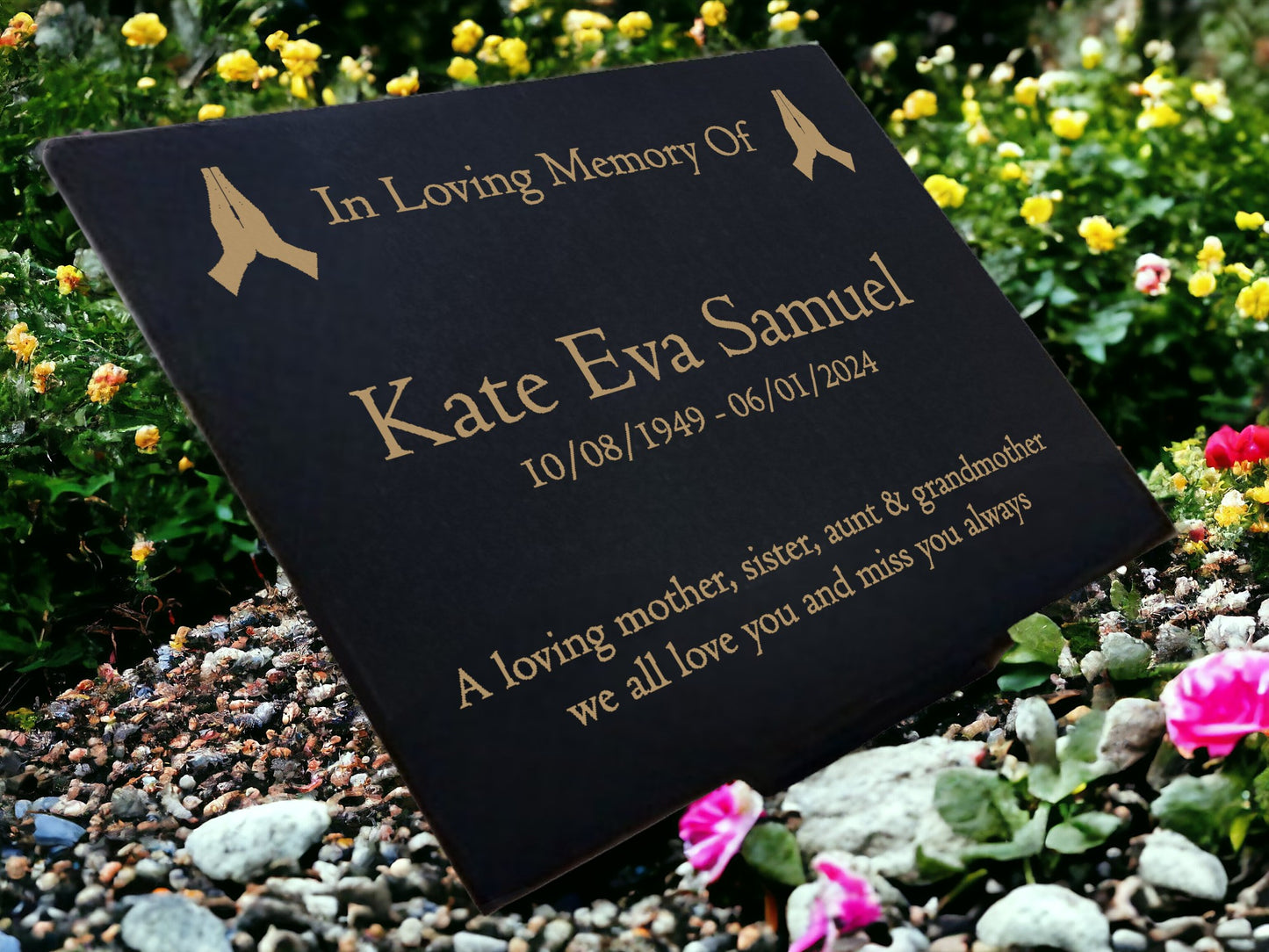 Granite Memorial Plaque, Praying Design, Personalised Engraved Tribute