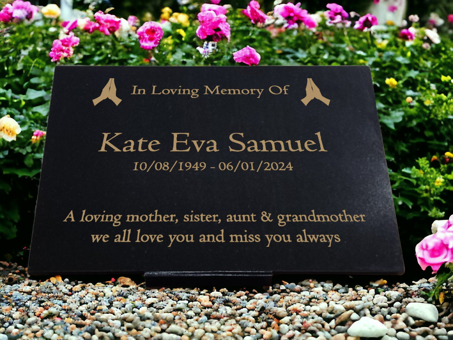 Granite Memorial Plaque, Praying Design, Personalised Engraved Tribute