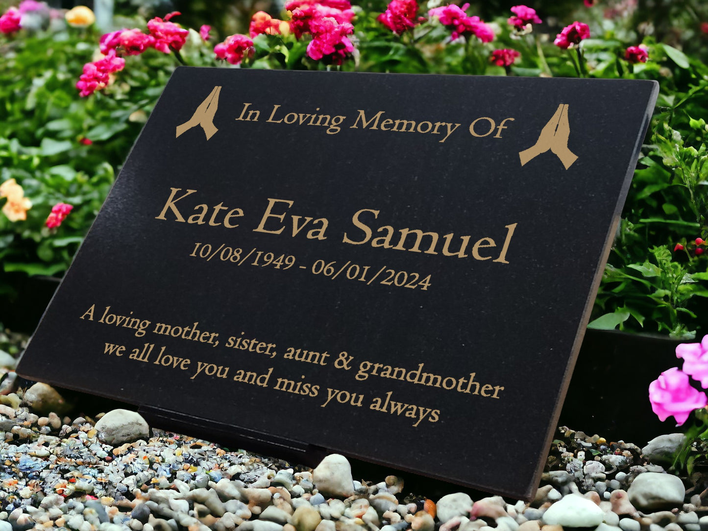 Granite Memorial Plaque, Praying Design, Personalised Engraved Tribute