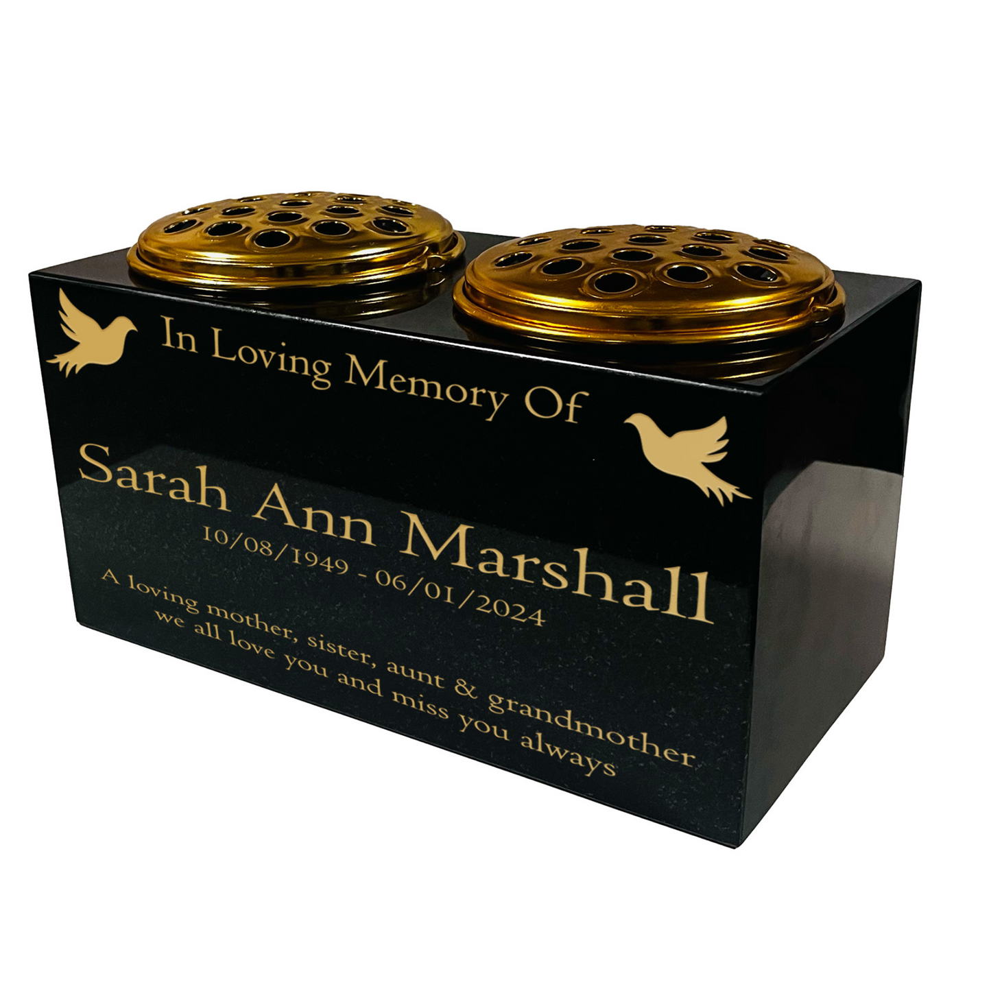 Granite Memorial Double Vase- Premium Black, Dove, 12x6x6 inches, Includes Metal Flower Pot Insert