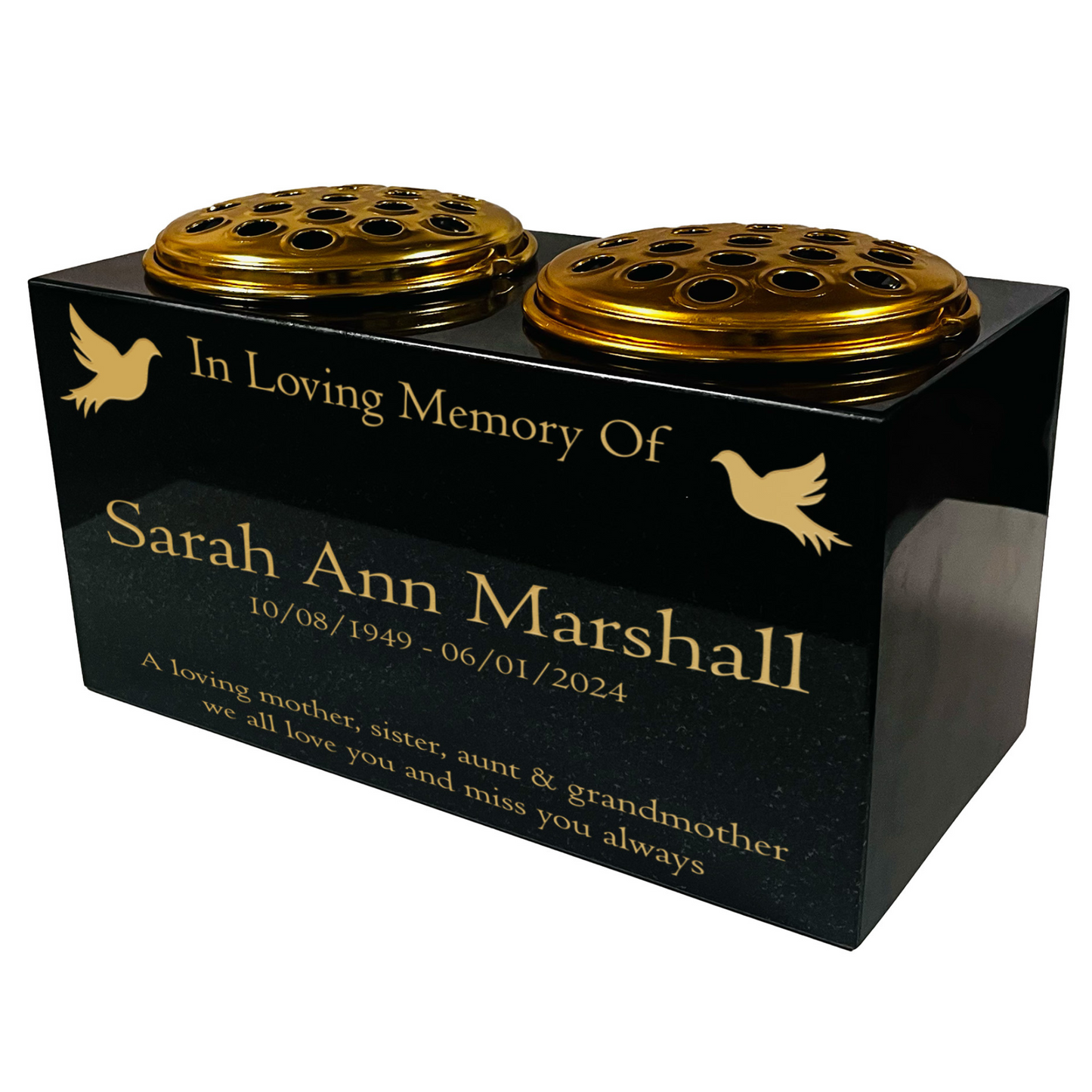 Granite Memorial Double Vase- Premium Black, Dove, 12x6x6 inches, Includes Metal Flower Pot Insert