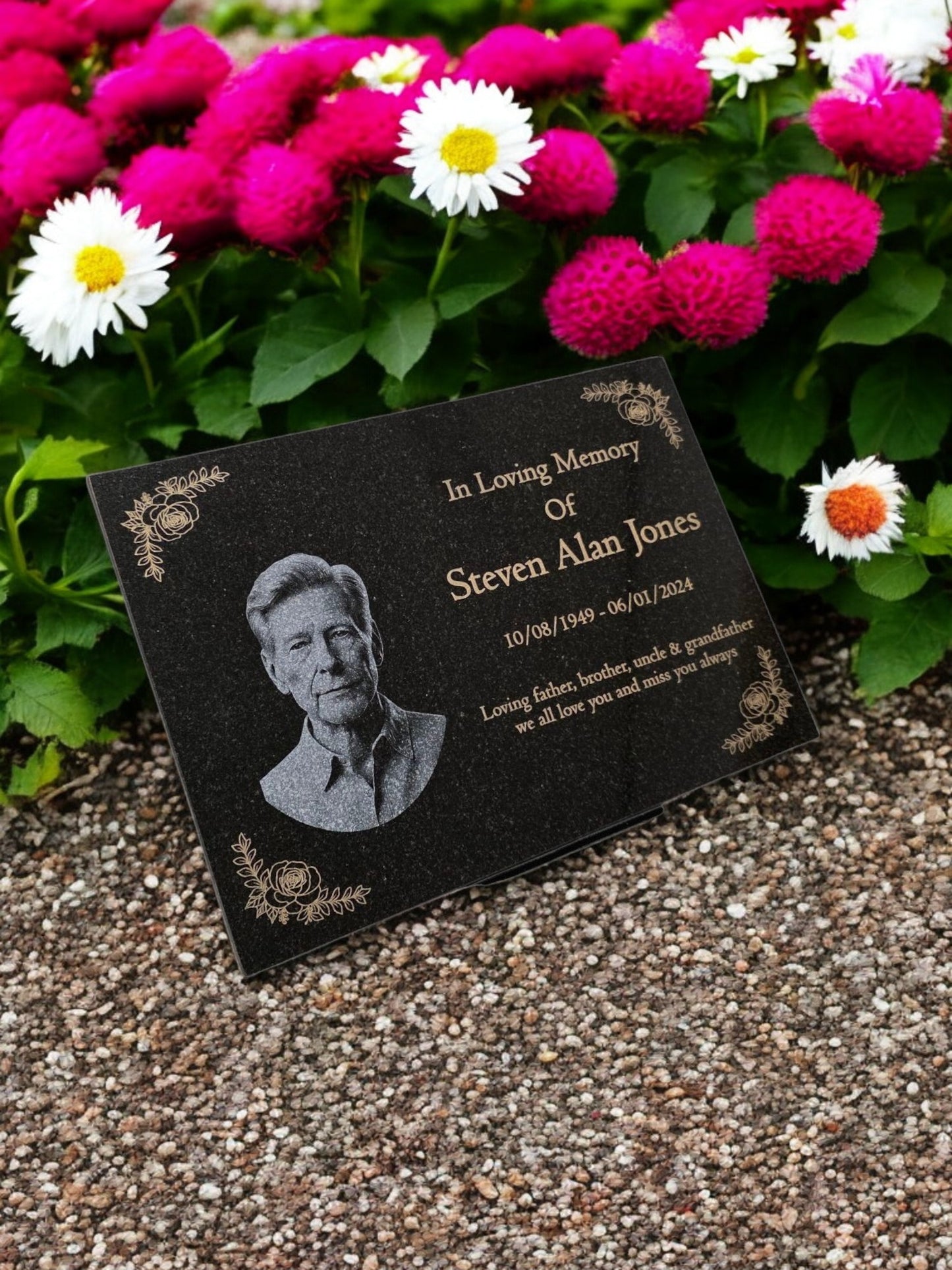 Granite Memorial Plaque, Flowers, Add a Portrait, Personalized Text and Stand Included