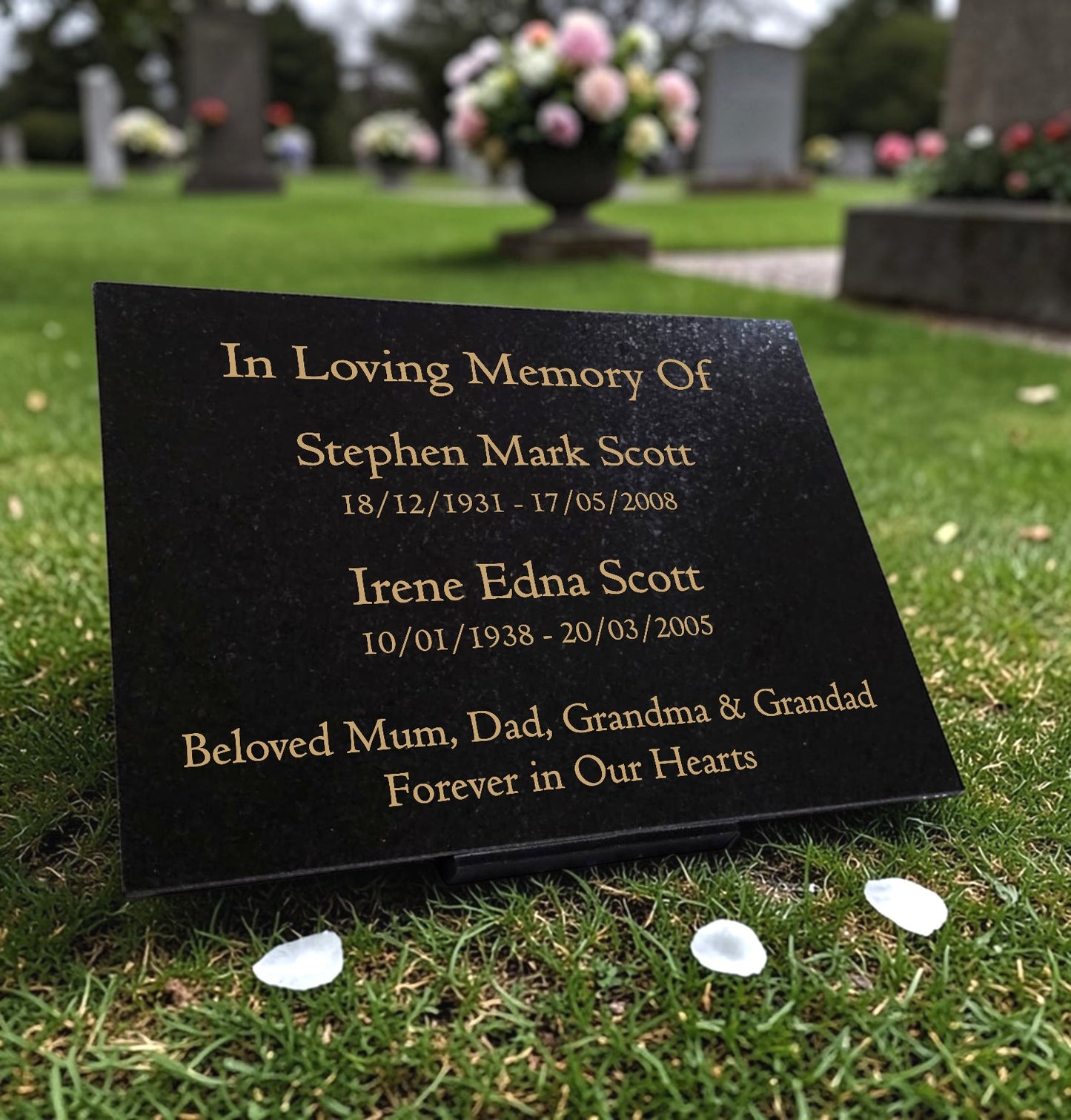 Granite Memorial Plaque for Two Names, Free Personalised Gold Engraving, Polished Granite