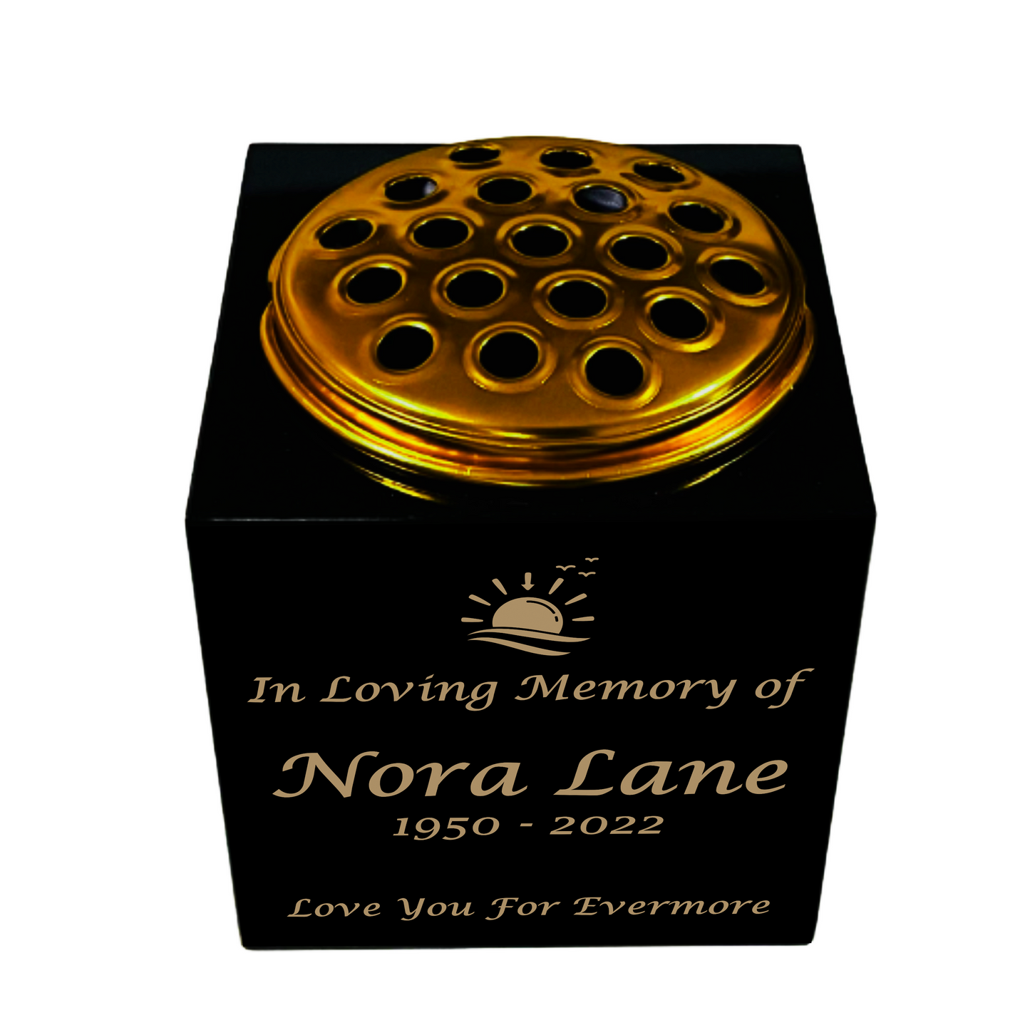 Granite Memorial Vase- Solid Granite – Free Personalized Gold Engraving, Sunset– Includes Metal Flower Pot Insert