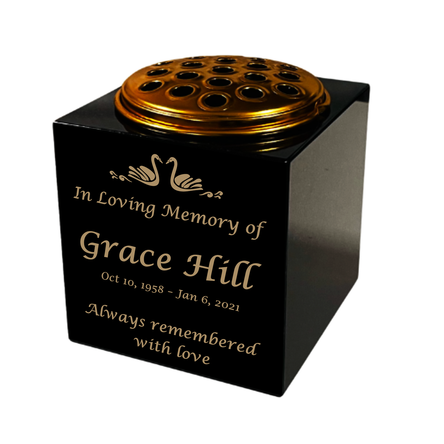 Granite Memorial Vase- Solid Granite – Free Personalized Gold Engraving, Swan 1 – Includes Metal Flower Pot Insert