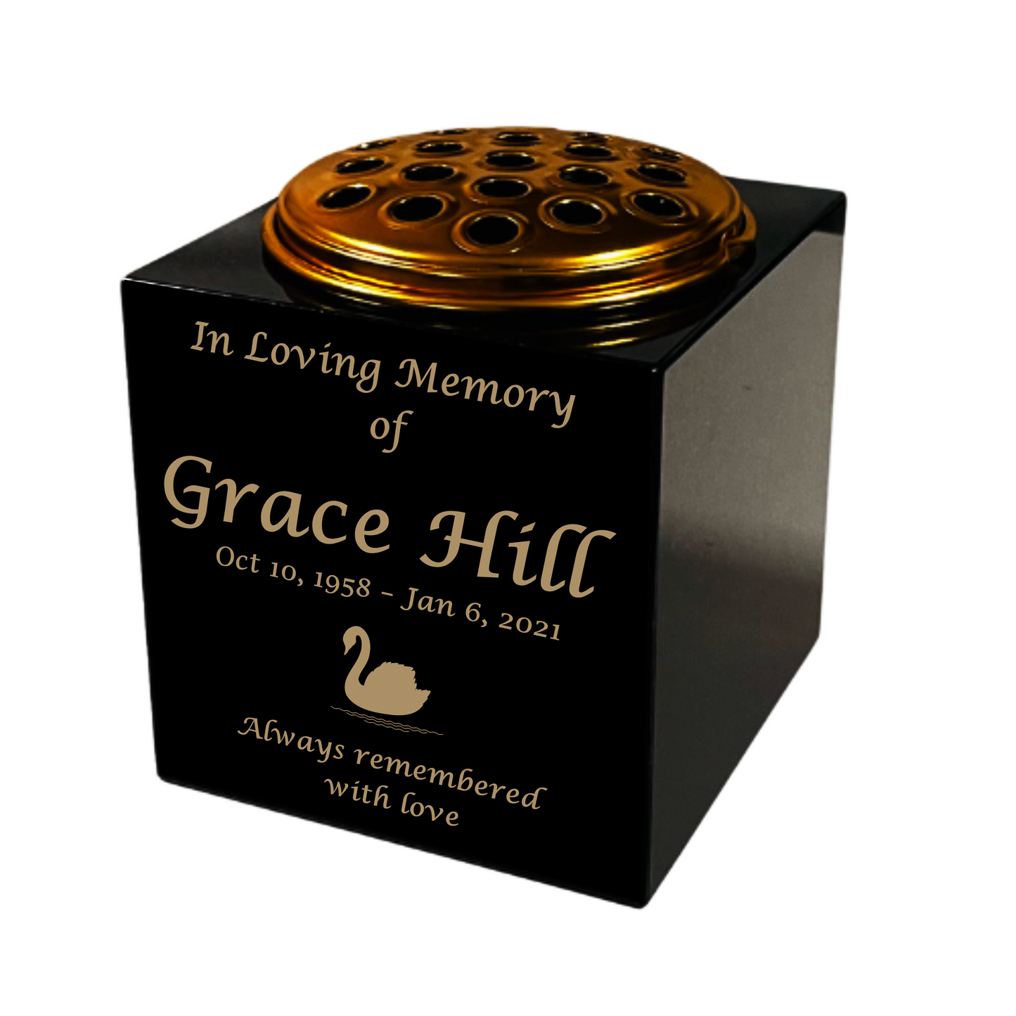 Granite Memorial Vase- Solid Granite – Free Personalized Gold Engraving, Swan 2 – Includes Metal Flower Pot Insert