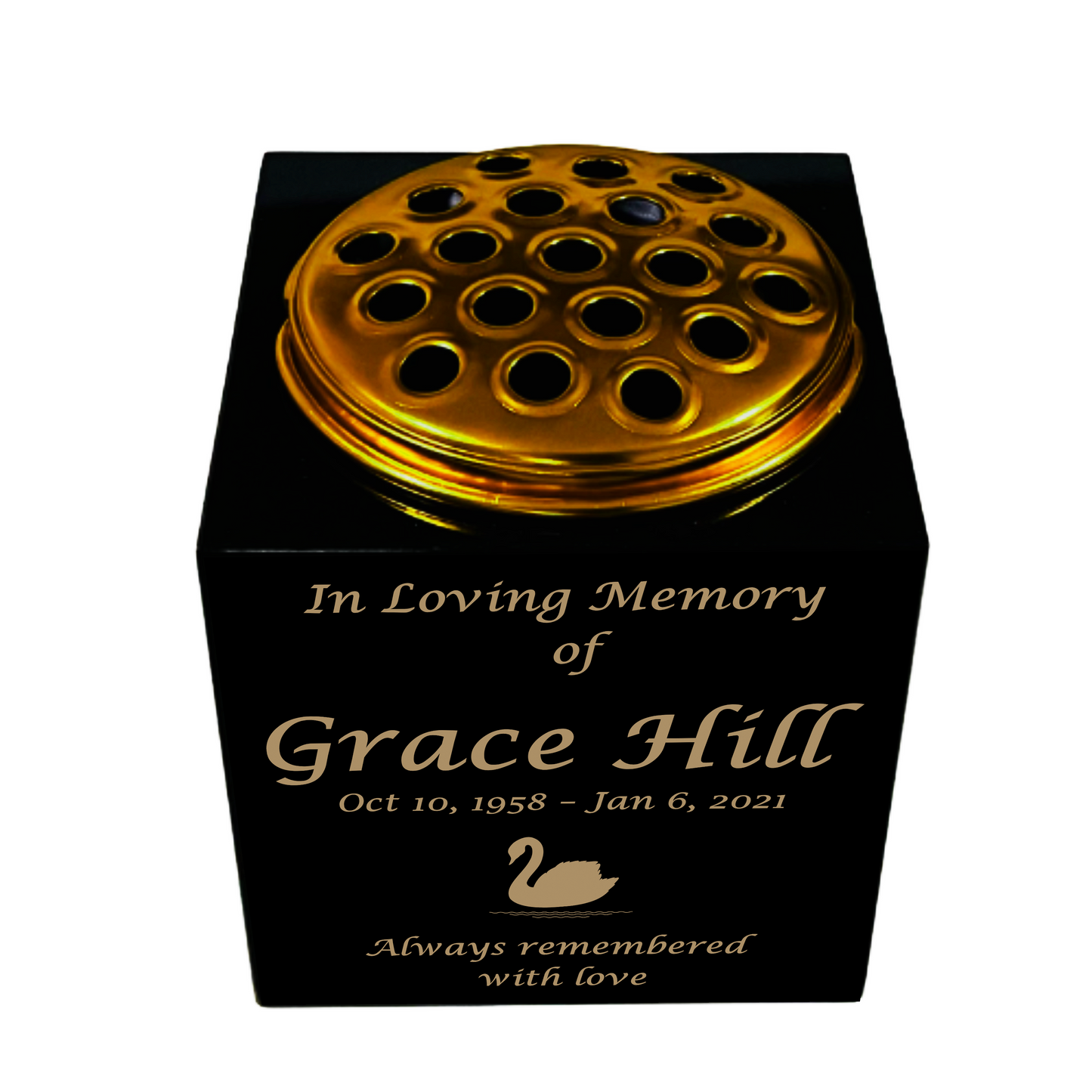 Granite Memorial Vase- Solid Granite – Free Personalized Gold Engraving, Swan 2 – Includes Metal Flower Pot Insert