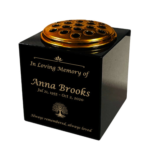 Granite Memorial Vase- Solid Granite – Free Personalised Gold Engraving, Tree of life – Includes Metal Flower Pot Insert
