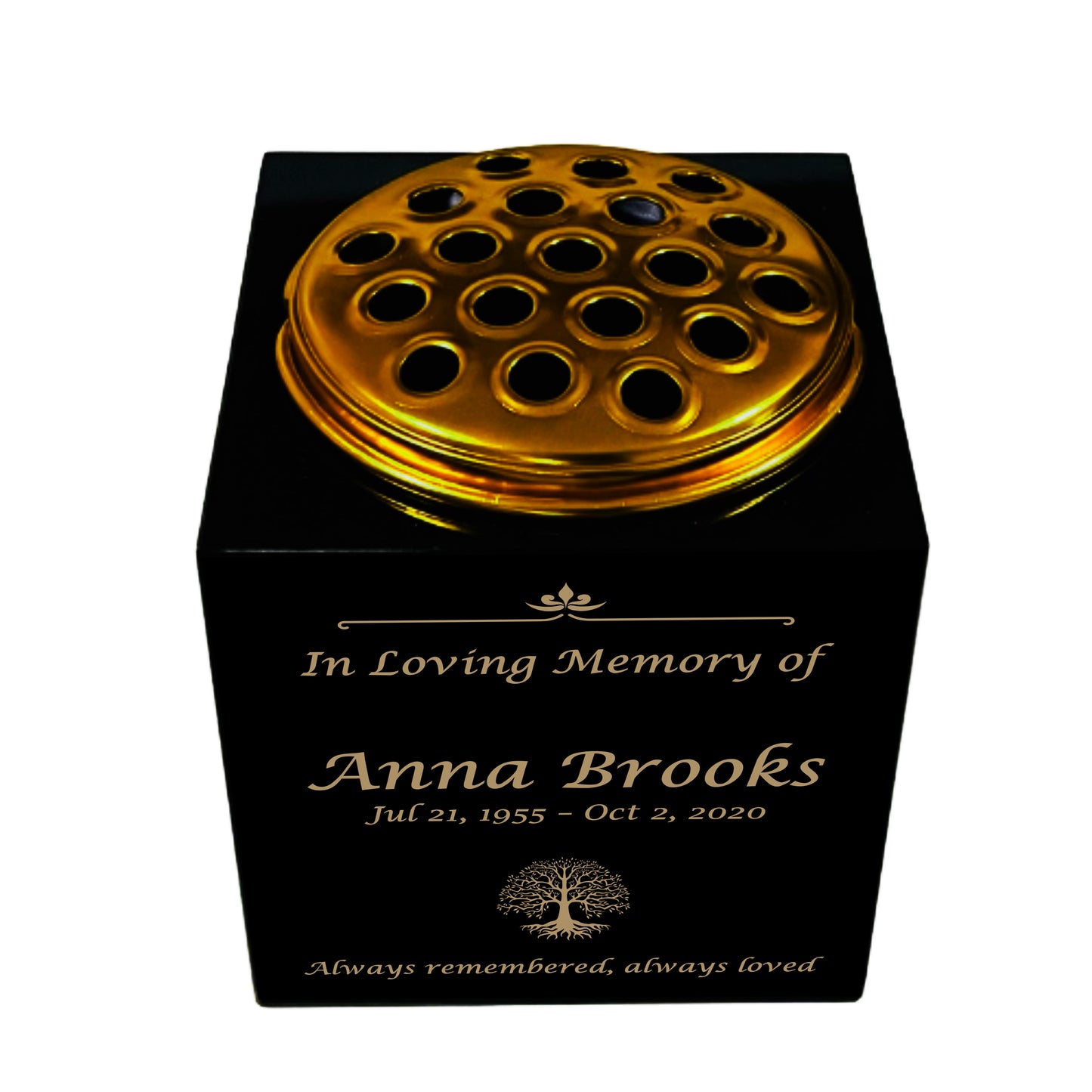 Granite Memorial Vase- Solid Granite – Free Personalized Gold Engraving, Tree of life – Includes Metal Flower Pot Insert