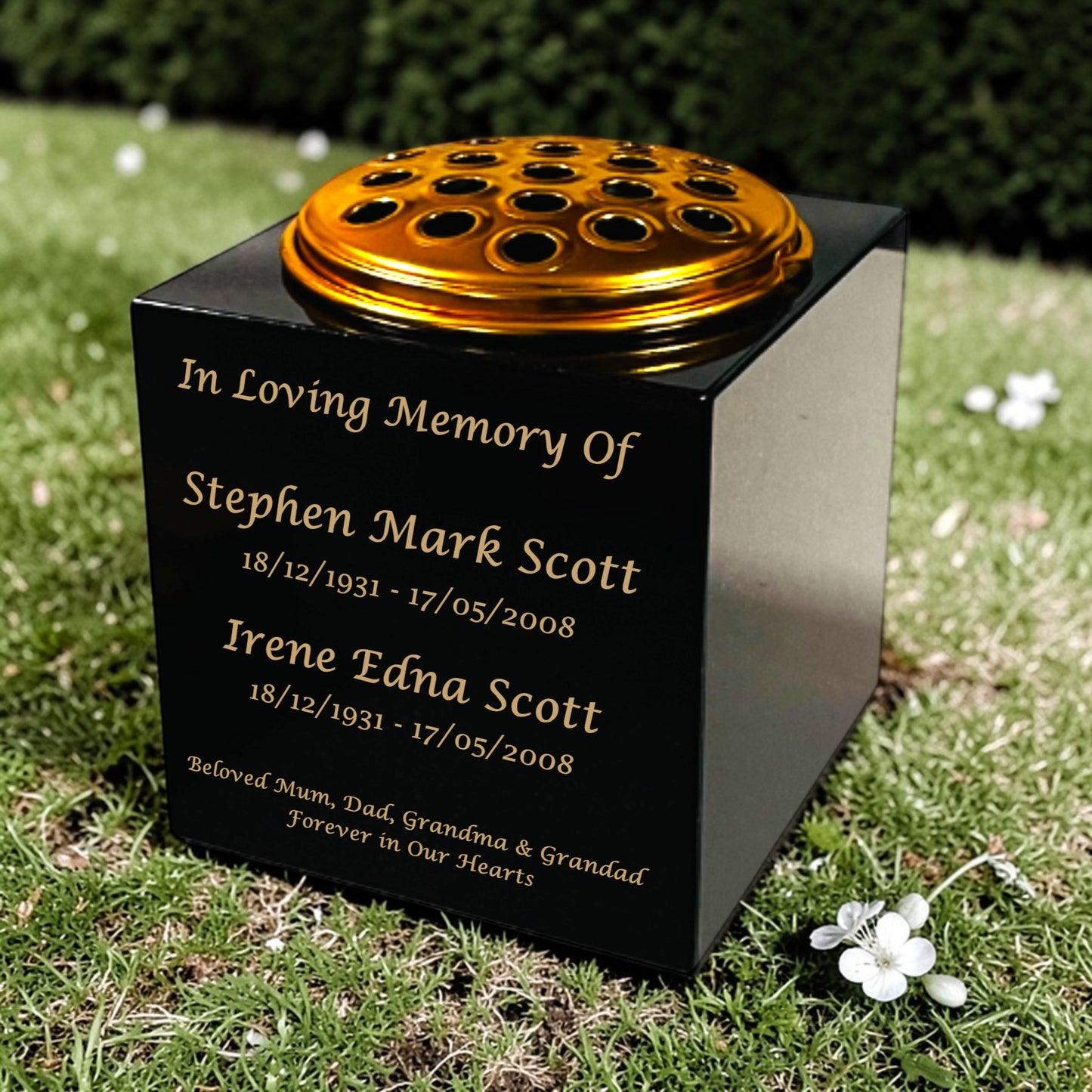 Granite Memorial Vase for Two Names, Free Personalised Gold Engraving, Solid Granite