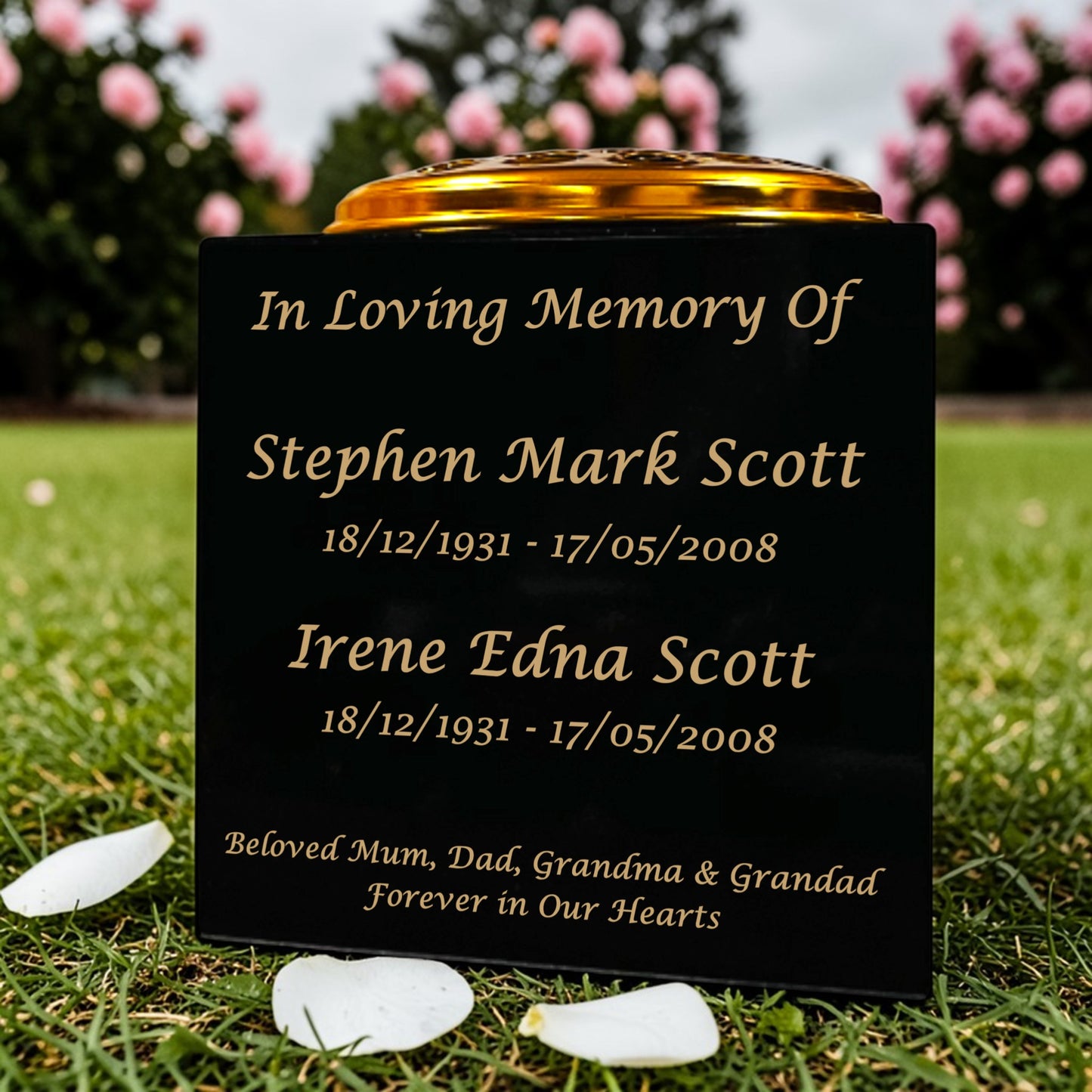 Granite Memorial Vase for Two Names, Free Personalised Gold Engraving, Solid Granite