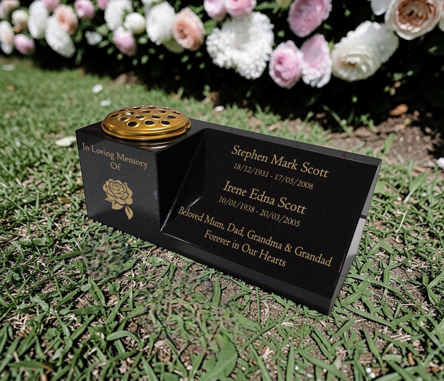 Granite Vase Plaque, Combination for Two Names, Free Personalised Gold Engraving Polished