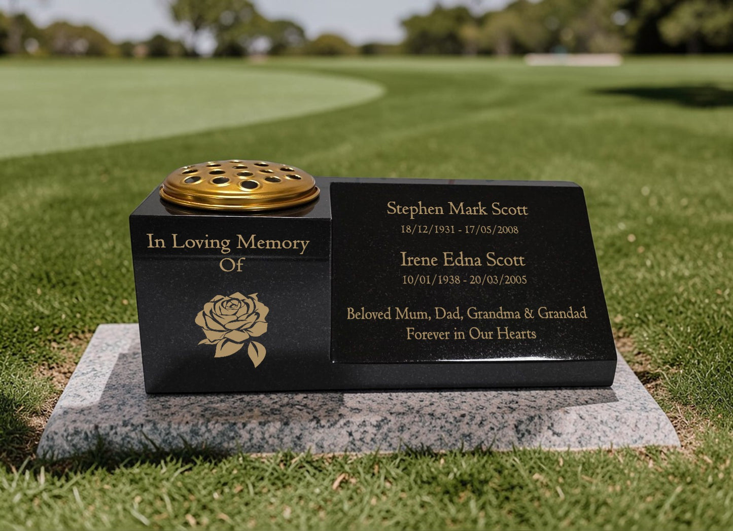 Granite Vase Plaque, Combination for Two Names, Free Personalised Gold Engraving Polished