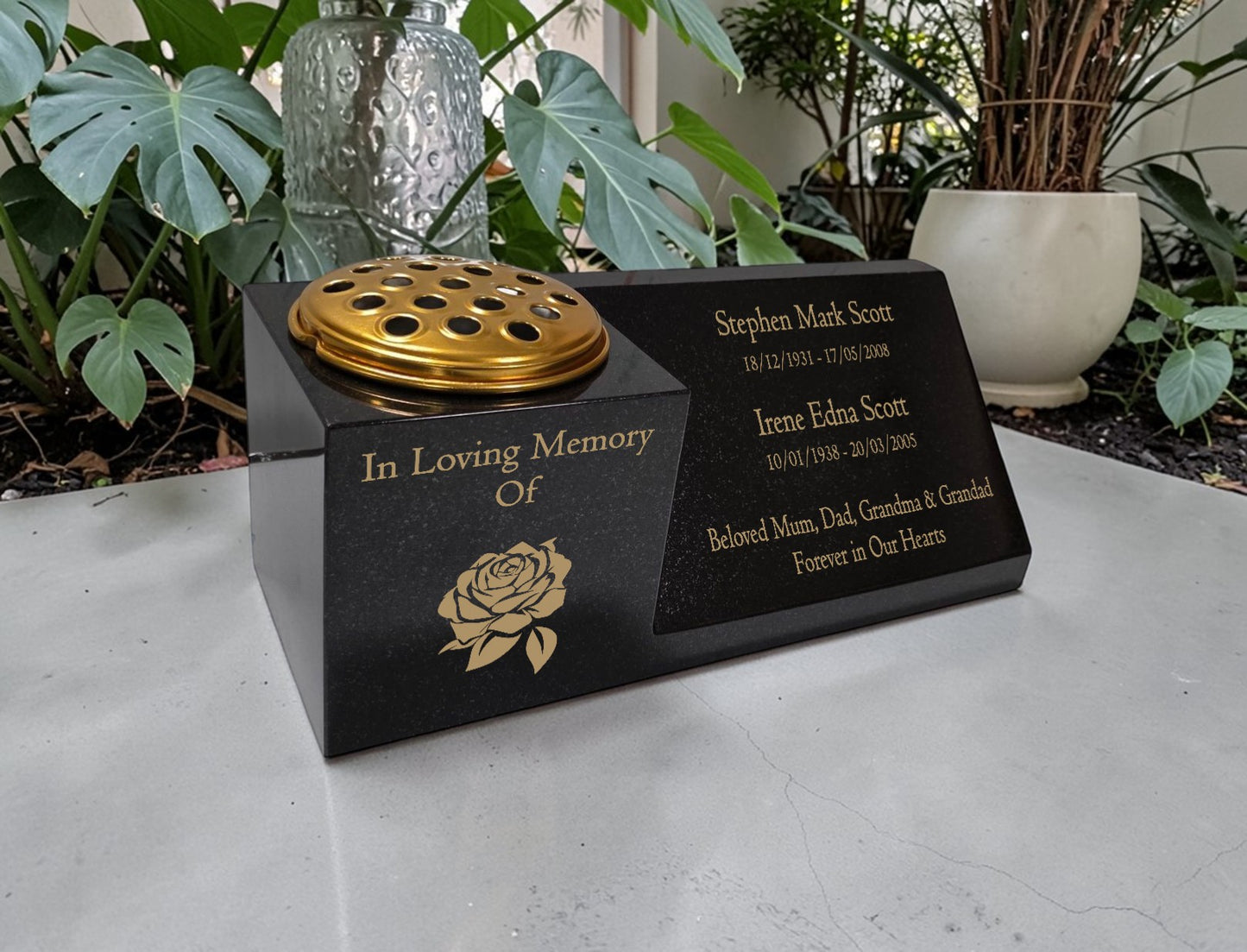 Granite Vase Plaque, Combination for Two Names, Free Personalised Gold Engraving Polished