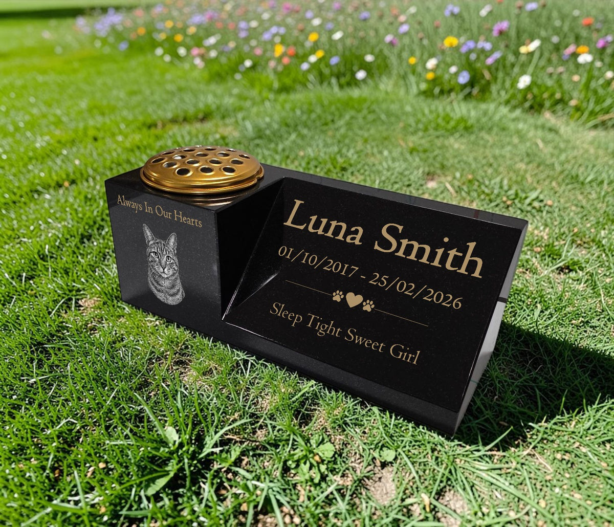 Cat Memorial Granite Photo Vase & Plaque Combination