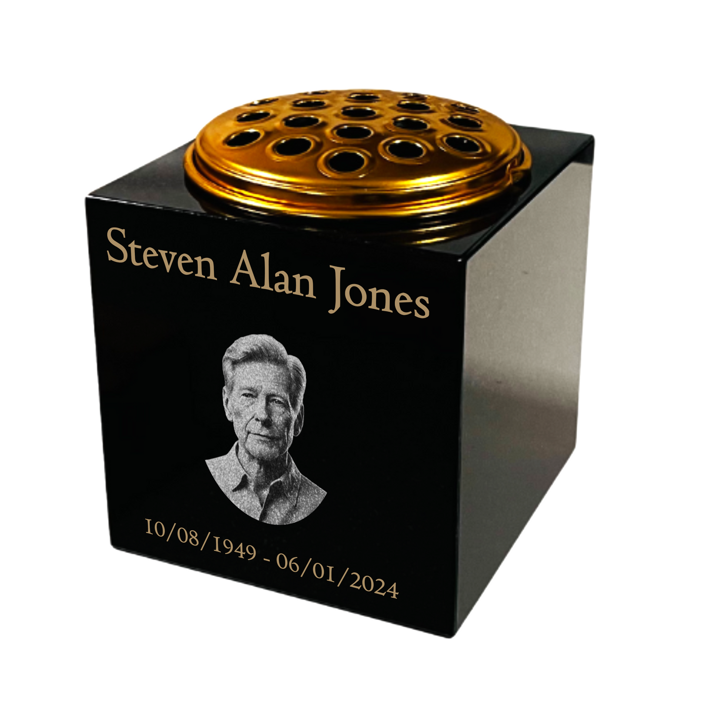 Granite Memorial Vase Engraved Photo Solid Granite Free Personalised Gold Engraving Includes Metal Flower Pot Insert