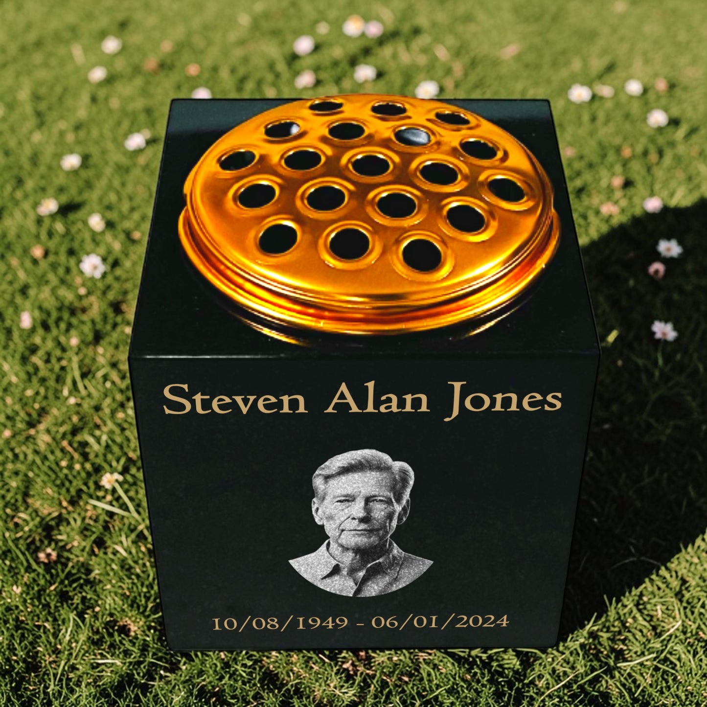 Granite Memorial Vase Engraved Photo Solid Granite Free Personalised Gold Engraving Includes Metal Flower Pot Insert