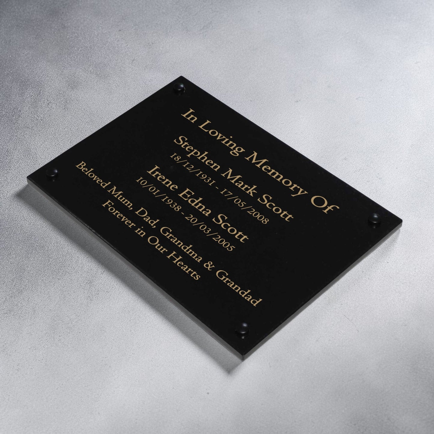 Granite Memorial Wall Mounted Plaque for Two Names, Free Personalised Gold Engraving