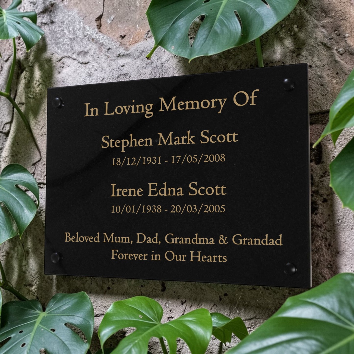 Granite Memorial Wall Mounted Plaque for Two Names, Free Personalised Gold Engraving