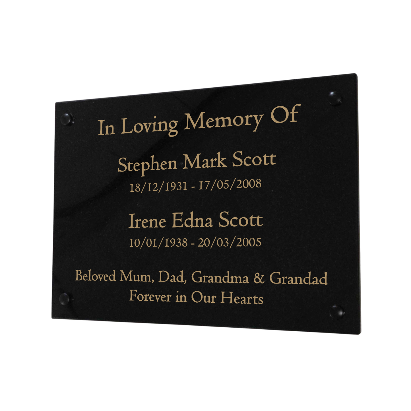 Granite Memorial Wall Mounted Plaque for Two Names, Free Personalised Gold Engraving