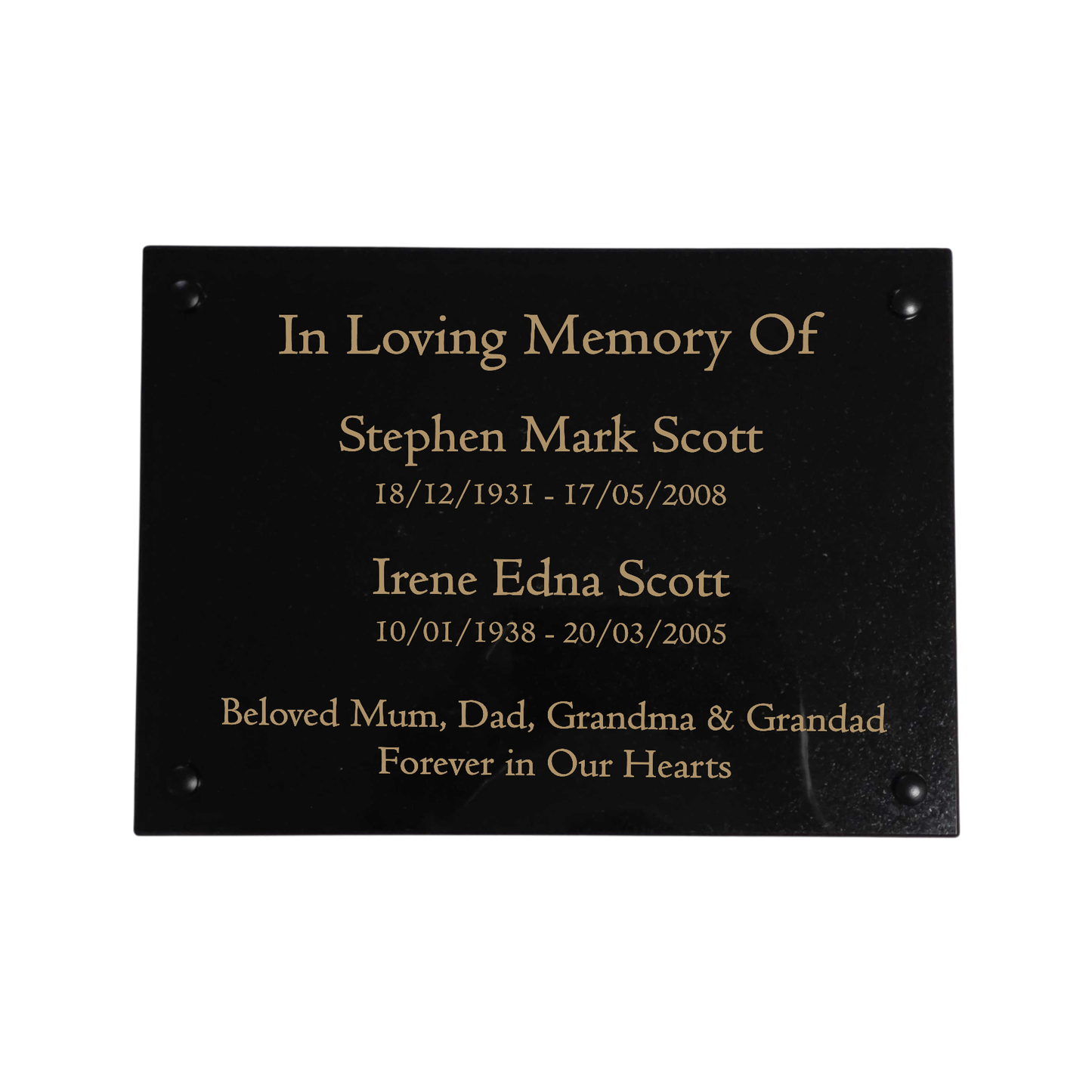 Granite Memorial Wall Mounted Plaque for Two Names, Free Personalised Gold Engraving