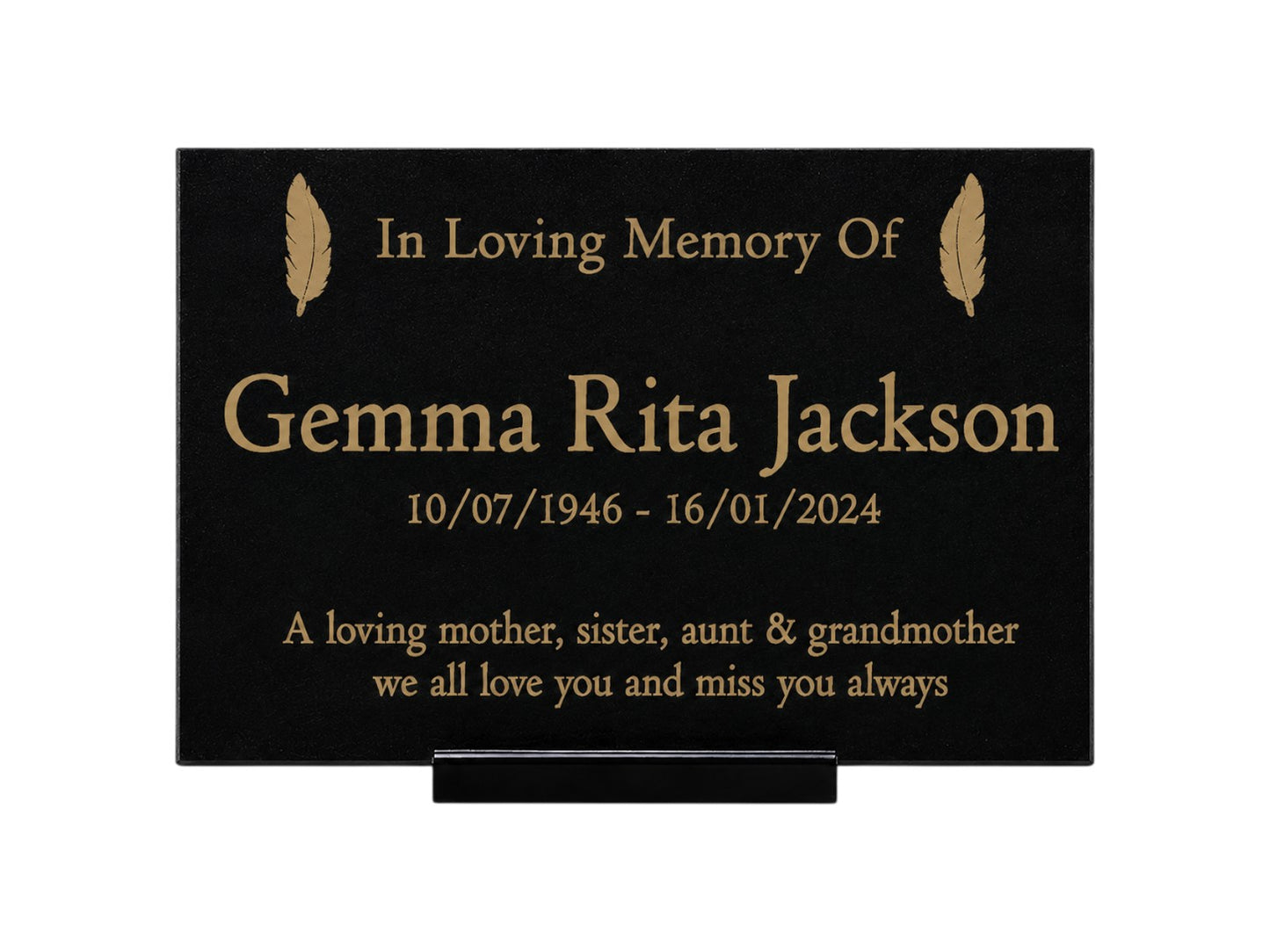 Granite Memorial Plaque, Feather, Personalized, Stand Included