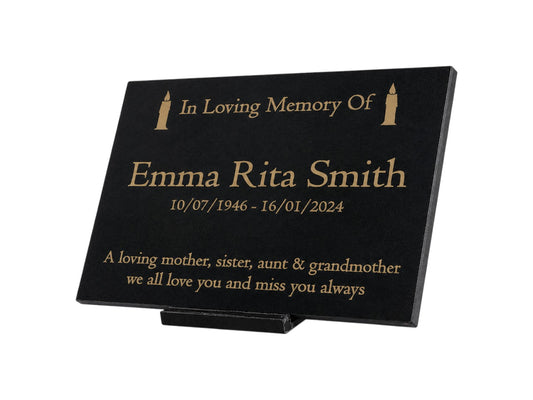 Granite Memorial Plaque, Candle, Stand Included