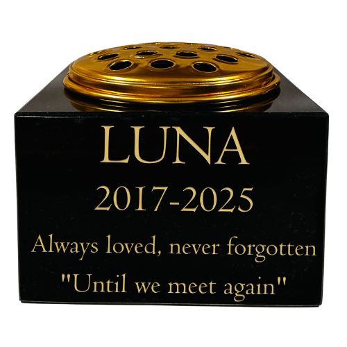 Granite Memorial Vase for Pet- Cat -Rectangle Shape – 6x6x4" - with Gold Metal Flower Insert