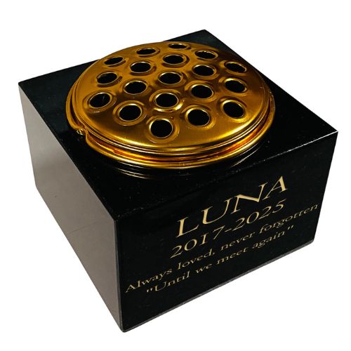 Granite Memorial Vase for Pet- Cat -Rectangle Shape – 6x6x4" - with Gold Metal Flower Insert