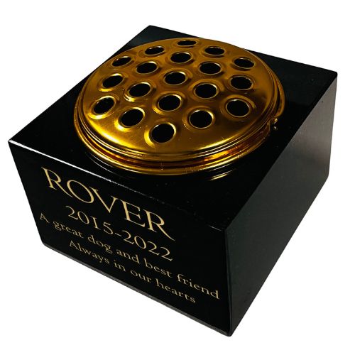 Granite Memorial Vase for Pet- Dog -Rectangle Shape – 6x6x4" - with Gold Metal Flower Insert