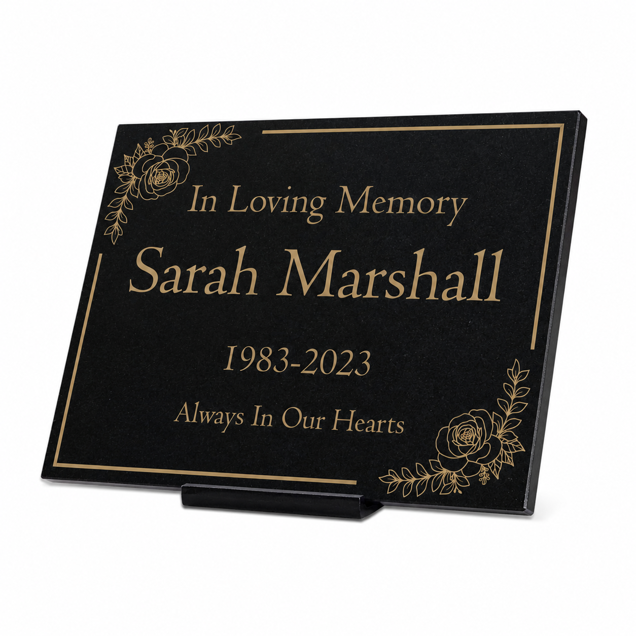 Granite Memorial Plaque, Floral Border, Stand Included