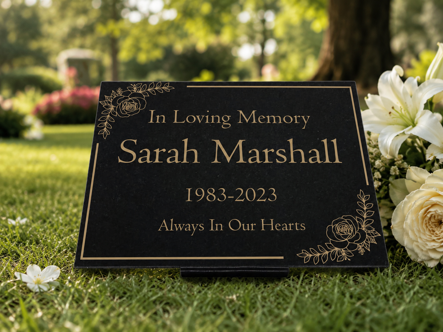 Granite Memorial Plaque, Floral Border, Stand Included