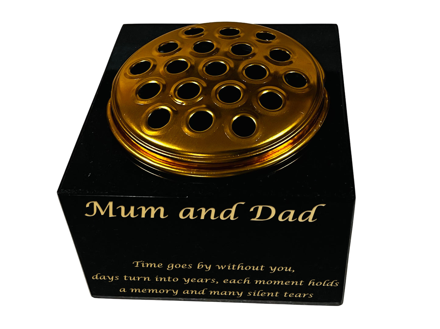 Granite Rectangle-Shaped Memorial Vase, Premium Black with Gold Metal Flower Pot Insert- 6x6x4 Inches