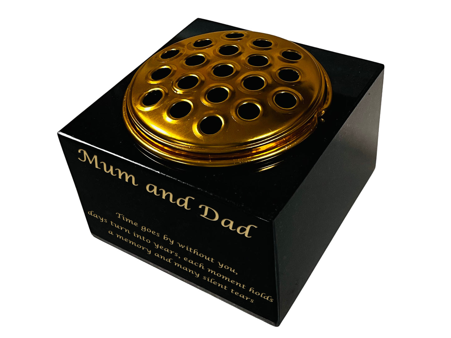 Granite Rectangle-Shaped Memorial Vase, Premium Black with Gold Metal Flower Pot Insert- 6x6x4 Inches